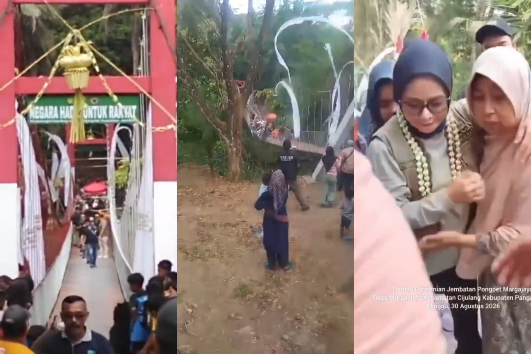 Waduh!!! Jembatan Gantung Mendadak Ambruk saat Diresmikan Bupati Pangandaran