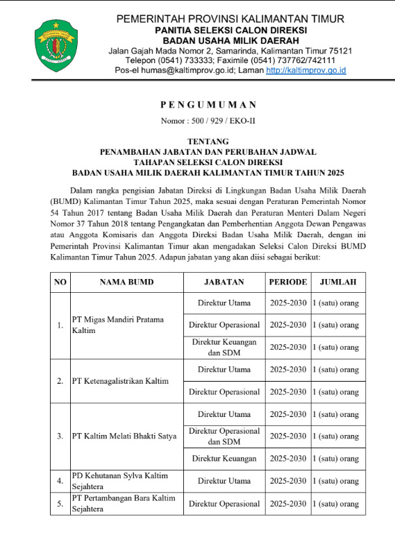 Pemprov Kaltim Umumkan Penambahan Jabatan dan Perubahan Jadwal Seleksi Direksi BUMD 2025