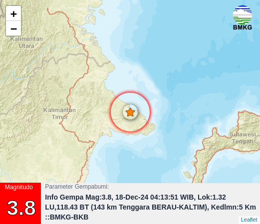 Gempa Kekuatan M3.8 Guncang Bagian Tenggara Berau