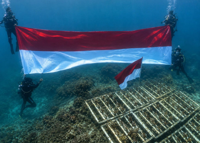 Peringati HUT RI, Bendera Merah Putih 8 Meter Berkibar di Bawah Laut Pulau Miang 