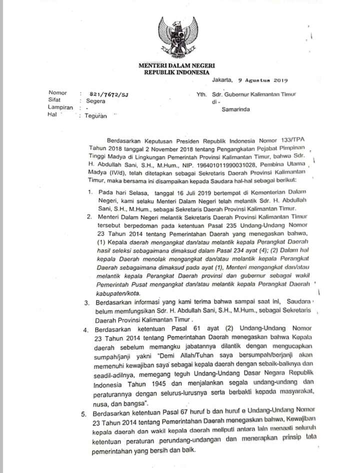 Bukan Surat Cinta, Gubernur Malah Dapat Surat Teguran dari Mendagri