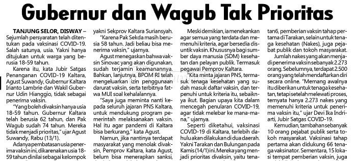 Gubernur dan Wagub Tak Prioritas