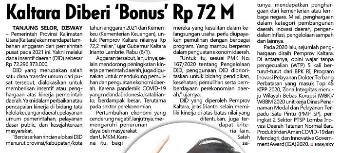 Kaltara Diberi ‘Bonus’ Rp 72 M