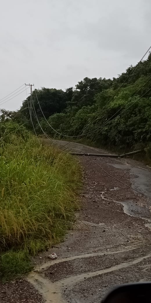 Tiang Listrik PLN Tumbang di Poros Suaran