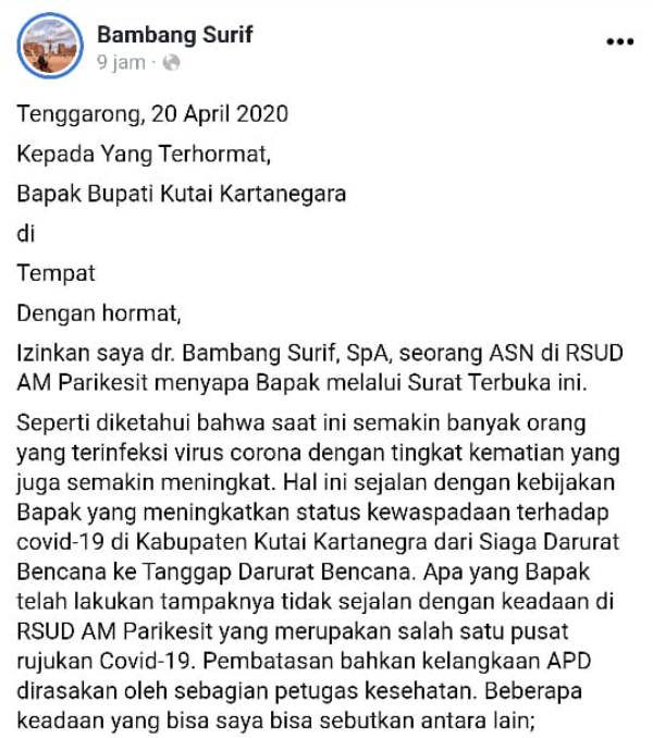 Keluhkan Keterbatasan APD, Dokter Ini Tulis Surat Terbuka Untuk Bupati Kukar